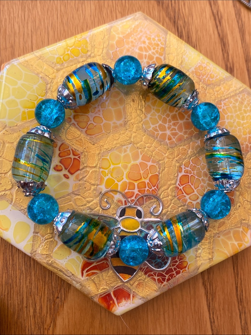 Turquoise color and Gold Glass Bead Stretch Bracelet